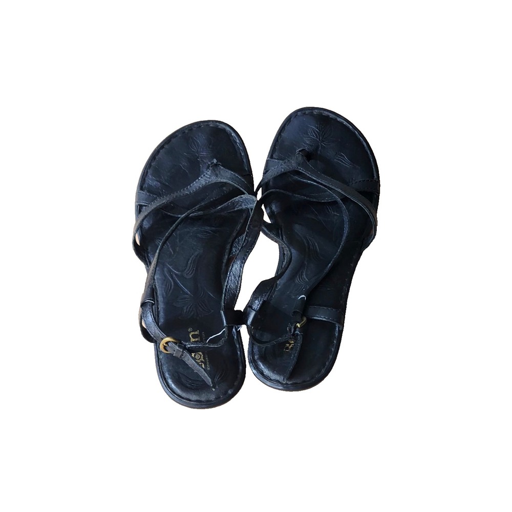 Børn Womens 7 M Black Leather‎ Strappy Slingback Thong Sandals Shoes D28303 EUC